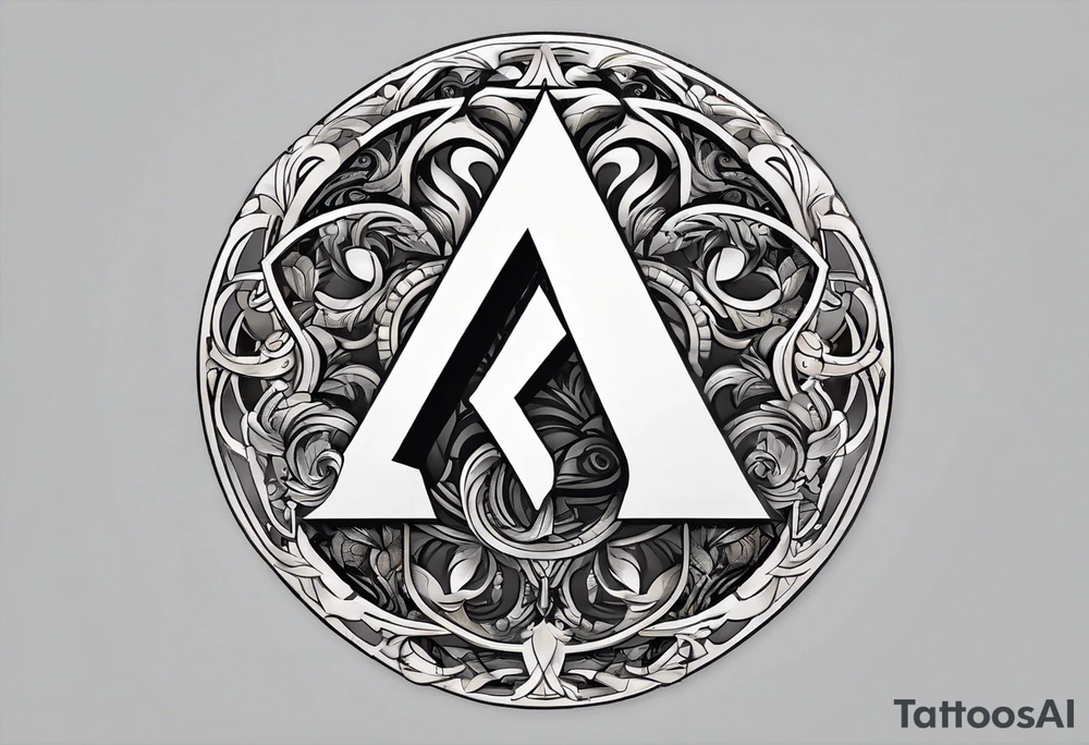 Simplistic symbol large delta inside a circle. Circle is made from chain. Shade of a letter K in a background. tattoo idea