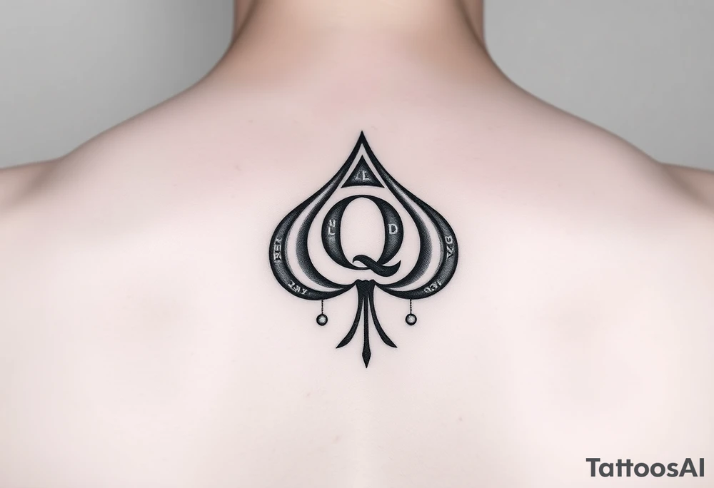 A spade womb tattoo with a Q in the center, with three points around the outside. The first reading, "BLACK". The second reading, "SEED". The third reading, "ONLY". tattoo idea
