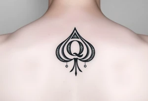 A spade womb tattoo with a Q in the center, with three points around the outside. The first reading, "BLACK". The second reading, "SEED". The third reading, "ONLY". tattoo idea