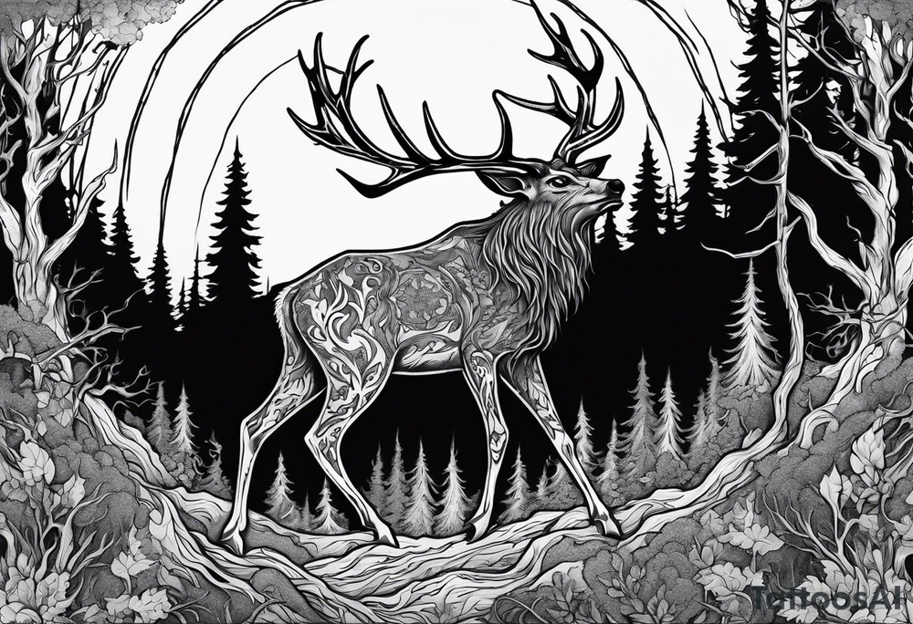 A scary terrifying horrifying rotting bone lore accurate wendigo side profile surrounded by a forest fire in background tattoo idea