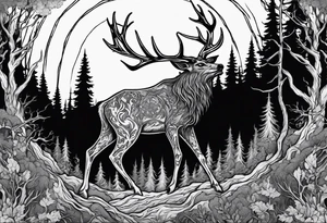 A scary terrifying horrifying rotting bone lore accurate wendigo side profile surrounded by a forest fire in background tattoo idea