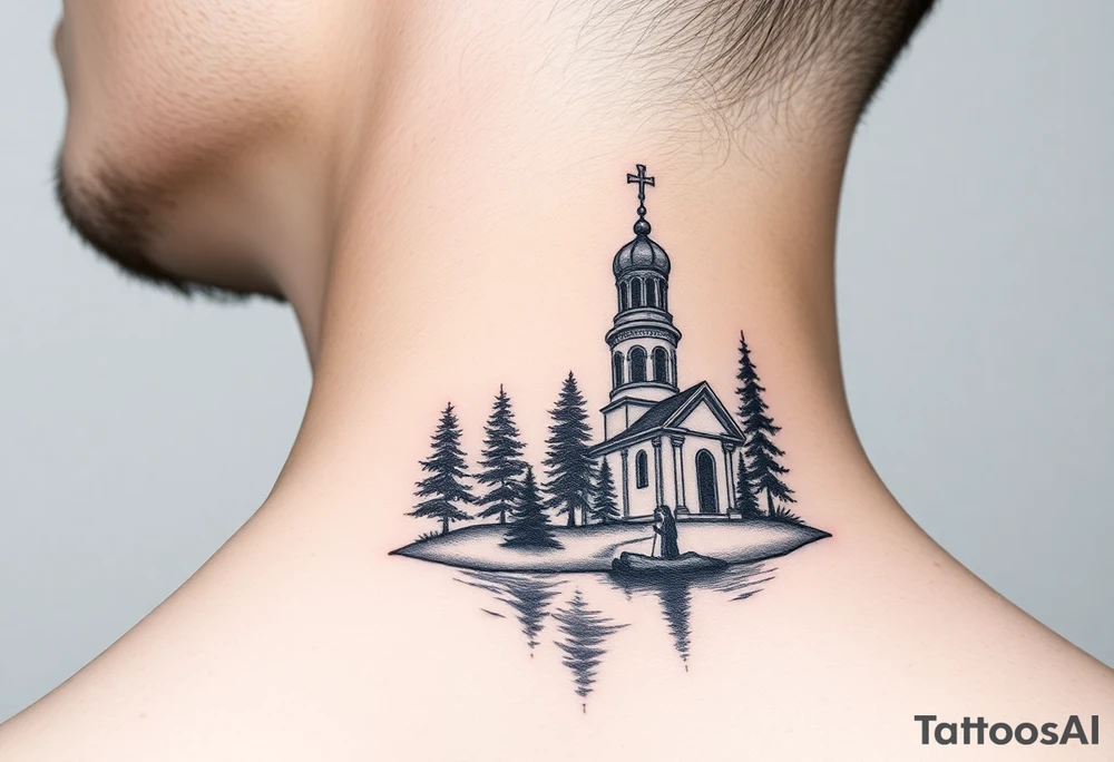 medium sized russian orthodox dome church with a separated virgin mary praying beside a lake and pine trees on the sized of my neck tattoo idea