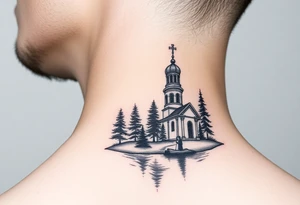 medium sized russian orthodox dome church with a separated virgin mary praying beside a lake and pine trees on the sized of my neck tattoo idea