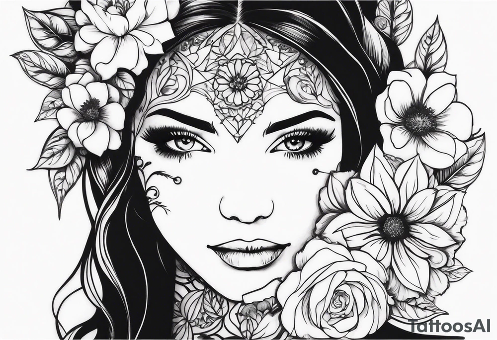 Powerful women’s face with flowers around tattoo idea