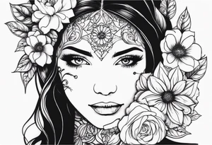 Powerful women’s face with flowers around tattoo idea