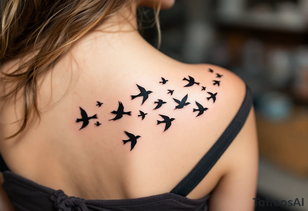 Flock of birds in flight across a fading sky – A dynamic group of birds soaring in various stages of flight, moving from the wrist toward the shoulder (or across the back). The birds start as detailed silhouettes in rich black and gradually become lighter and more abstract, as if dissolving into the wind. tattoo idea