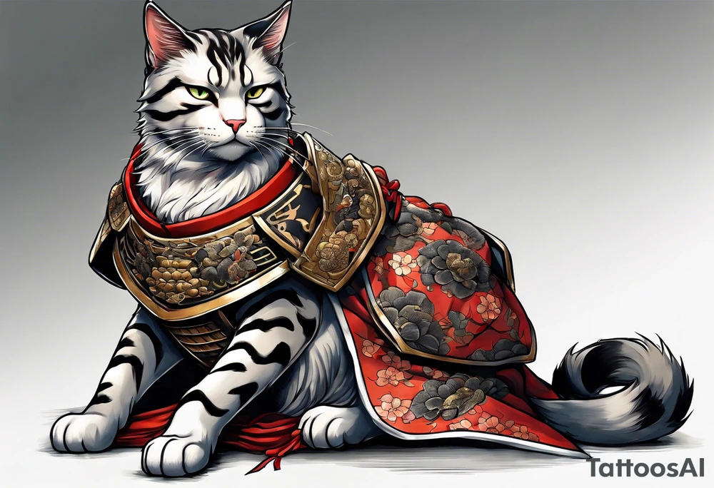 Full body of a cat in samurai armor on top of dead bodies tattoo idea