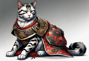 Full body of a cat in samurai armor on top of dead bodies tattoo idea