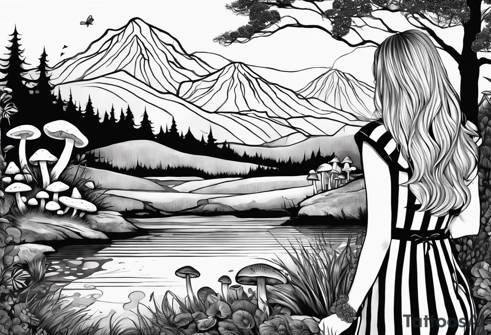 Straight long blonde hair girl in distance holding mushrooms in hand facing away toward mountains and creek surrounded by mushrooms black and white striped dress tattoo idea