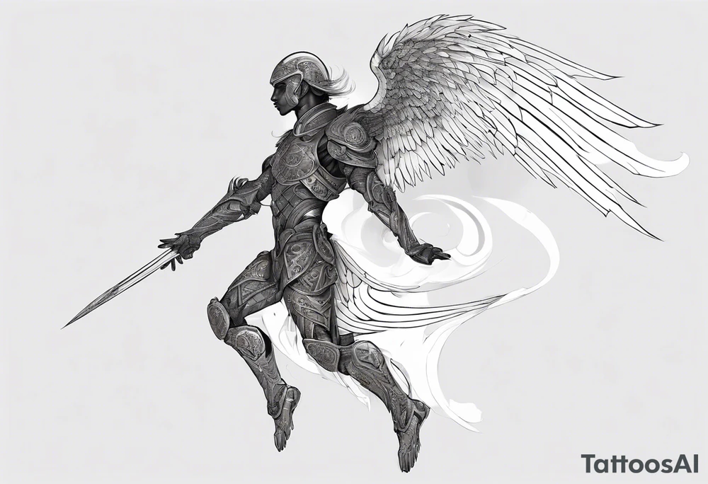 Side view of an black angel wearing inorganic armor that is in mid-air ready to attack tattoo idea