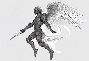 Side view of an black angel wearing inorganic armor that is in mid-air ready to attack tattoo idea
