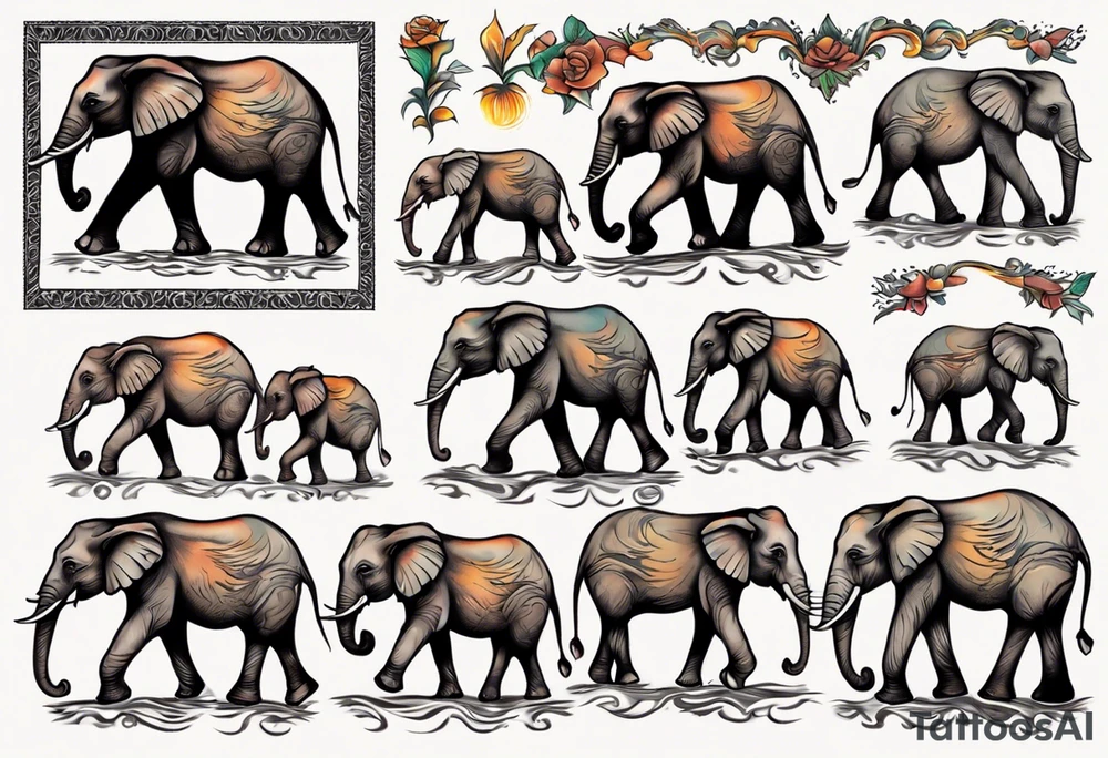 family of 6 elephants walking into sunset tattoo idea