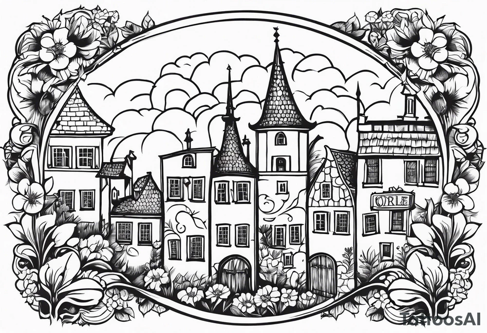 sacred medieval town houses open gate towers garden circle vignette surrounded by clouds floral tattoo idea