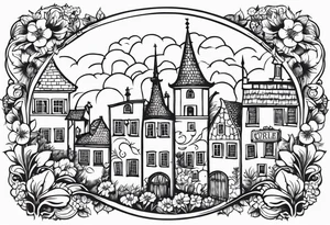 sacred medieval town houses open gate towers garden circle vignette surrounded by clouds floral tattoo idea