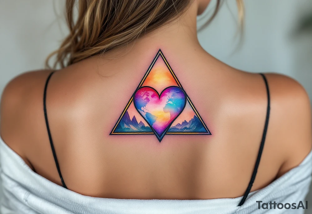 A triangle with a big heart in the center with a world travel theme tattoo idea