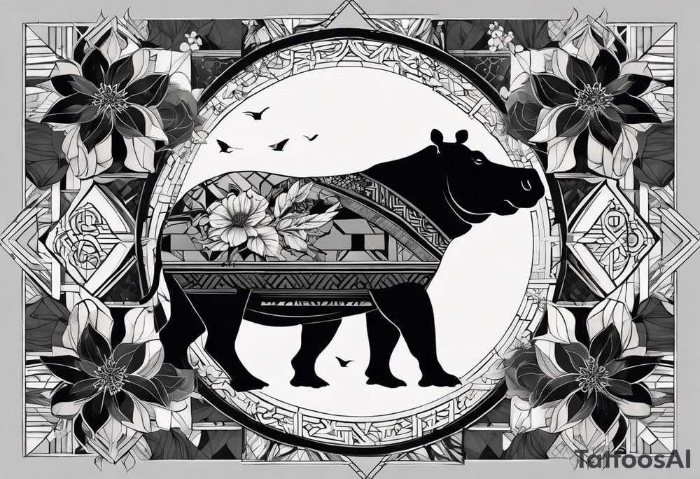 Very asymmetrical, +geometric pattern, with realistic full moon, with hippo at side look, +tribal, +geometric, +inkart , +blackwork, +grey scale, + sketch
with wintersweet flower bud, +inkart touch, +for men, detailed , combined favourite tattoo idea