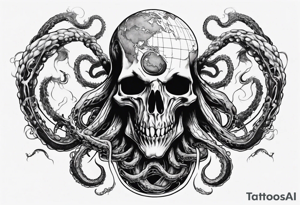 a tattoo on the theme of lovecraft, with tentacles that embrace the earth tattoo idea