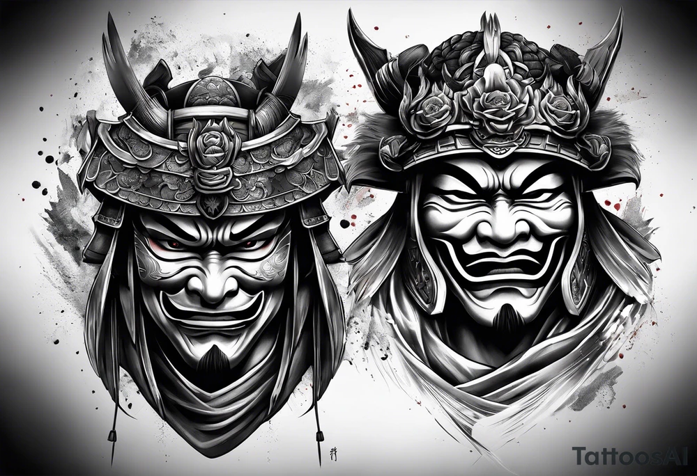 Japanese Samurai two Mask Tattoo Designs laugh and cry tattoo idea