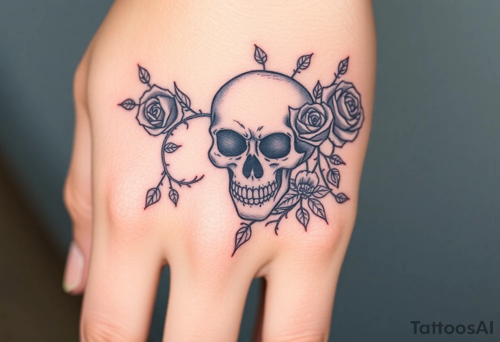 gothic skull intertwined with climbing roses and thorny vines tattoo idea