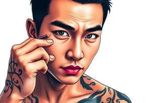 Handsome Asian young guy is putting fighting  make up on protecting from evil tattoo idea