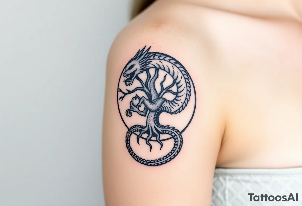 a dragon forming a circle with its body.  the dragon encircles the tree of life.   the tree of life has fruit  and the dragon is eating the fruit. the roots of the tree are strangling the tail of the dragon tattoo idea