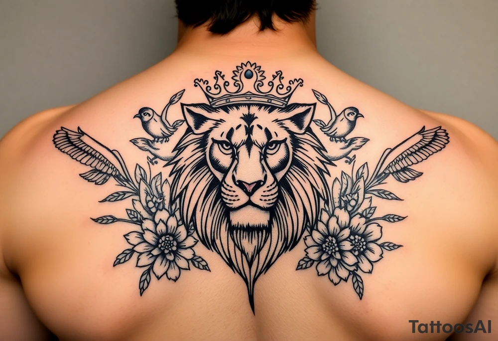powerful majestic lion with a crown, surrounded by floral ornaments and birds tattoo idea