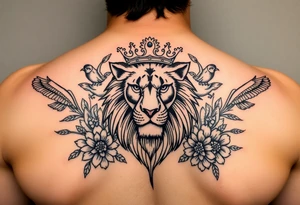 powerful majestic lion with a crown, surrounded by floral ornaments and birds tattoo idea