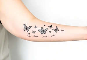 Six different butterflies streaming down arm with six kids names Aden, Aninna, Novaih, Rayla, Jayla, Teresa tattoo idea