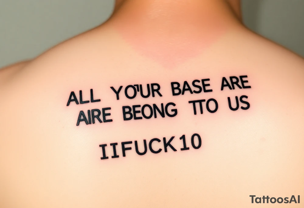 "Tattoo of a corrupted .txt file:  
Visible text: 'ALL YOUR BASE ARE BELONG TO US'  
Corrupted parts: 'IFUCK10' repeated in hex-code.  

Style: Data moshing. Black ink, forearm." tattoo idea