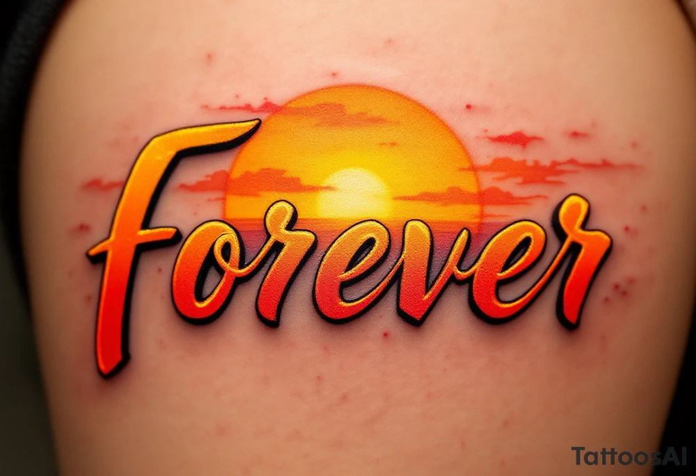 A glowing sunset behind the word "forever" in warm orange and gold gradient cursive. tattoo idea