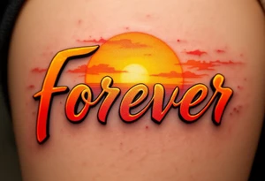 A glowing sunset behind the word "forever" in warm orange and gold gradient cursive. tattoo idea