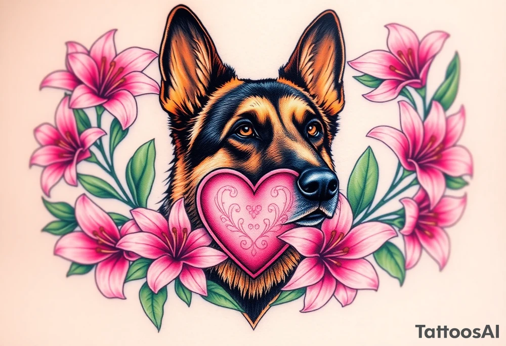 realistic german shepherd with alert ears looking protective surrounded by pink lilies with leaves in front of a sacred heart tattoo idea
