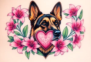 realistic german shepherd with alert ears looking protective surrounded by pink lilies with leaves in front of a sacred heart tattoo idea