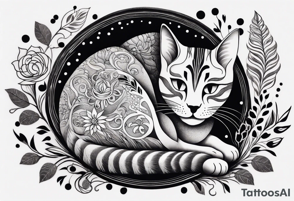 Illustrate a small tattoo of a tabby cat curled up, surrounded by gentle swirls or floral elements to enhance its cozy vibe tattoo idea