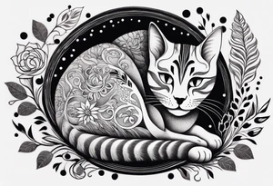 Illustrate a small tattoo of a tabby cat curled up, surrounded by gentle swirls or floral elements to enhance its cozy vibe tattoo idea