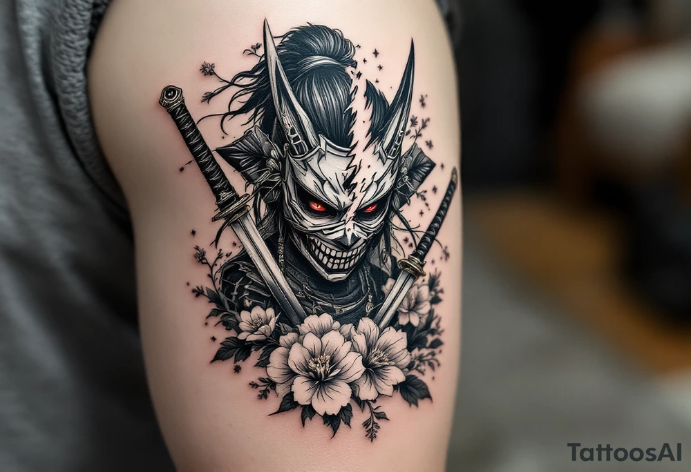 Woman samurai with red eyes wearing an half and broken kitsune mask, holding 
two katana and Sakura flowers ornement tattoo idea