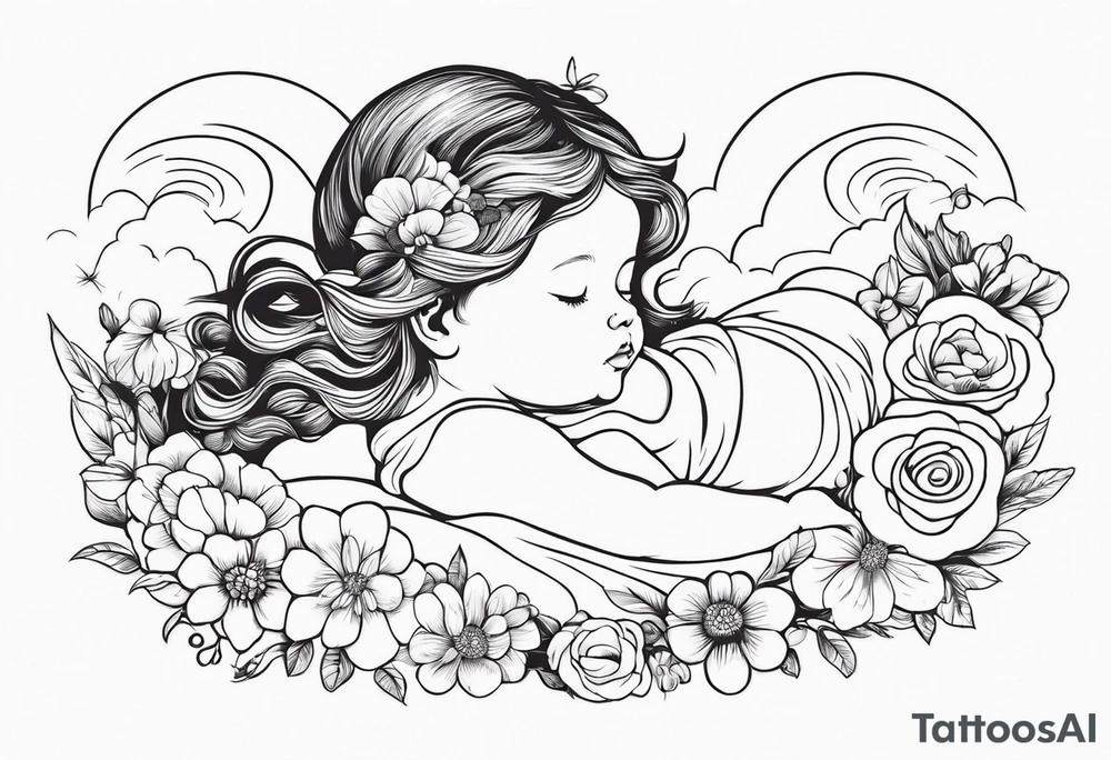 baby renaissance angel sleeping on cloud, flowers in long hair, celestial, ethereal tattoo idea