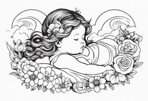 baby renaissance angel sleeping on cloud, flowers in long hair, celestial, ethereal tattoo idea
