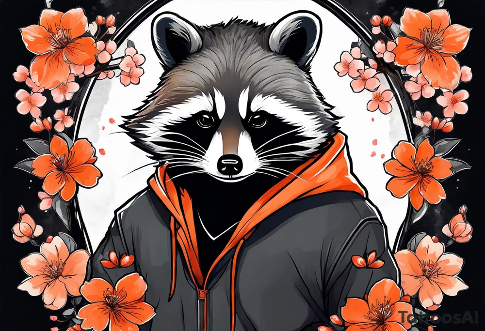 Raccoon wearing a white Superman logo on a black hoodie and orange Japanese cherry blossoms beside tattoo idea