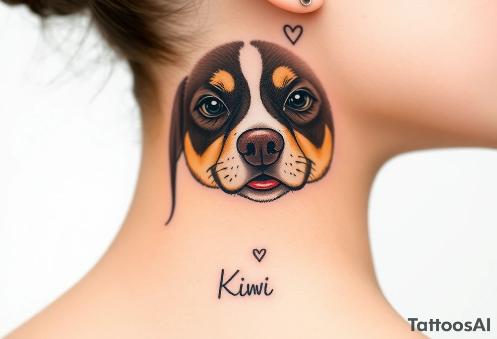 One line tattoo of female dog with white strip going up dog’s snout slightly off centered. Brown brindled and the dogs tongue slightly out with  the name kiwi and Just the colors black  white brown with a small heart near by tattoo idea