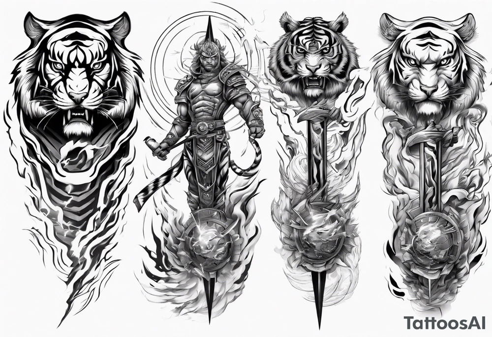 tiger warrior with lightning and the sun for a forearm sleeve tattoo idea