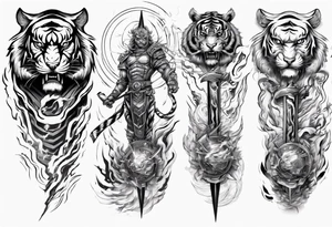tiger warrior with lightning and the sun for a forearm sleeve tattoo idea
