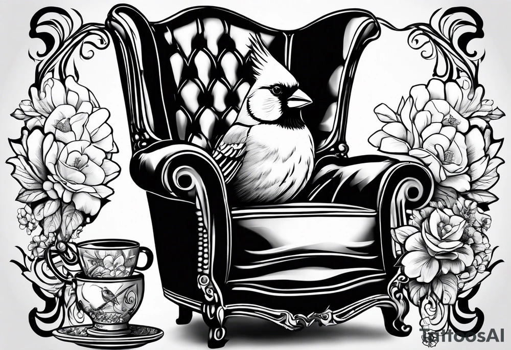 female cardinal in a chair drinking coffee tattoo idea