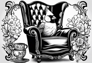 female cardinal in a chair drinking coffee tattoo idea
