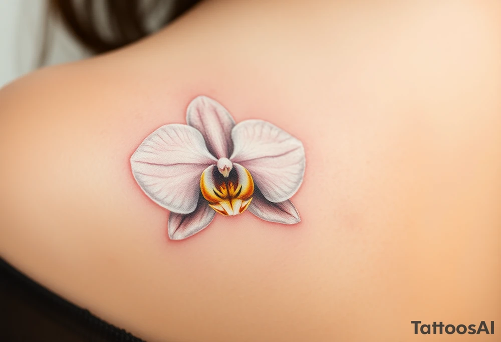 A single white orchid in full bloom, surrounded by subtle golden highlights, representing purity and elegance tattoo idea