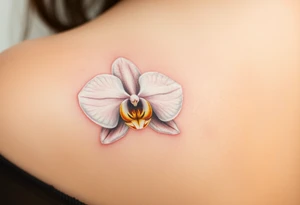 A single white orchid in full bloom, surrounded by subtle golden highlights, representing purity and elegance tattoo idea
