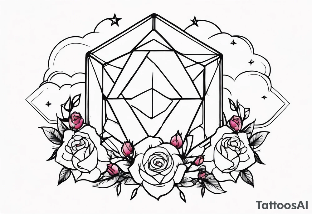 Tesseract with clouds and a field of small roses and stars around it tattoo idea