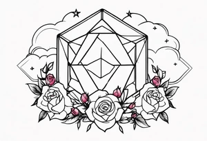 Tesseract with clouds and a field of small roses and stars around it tattoo idea