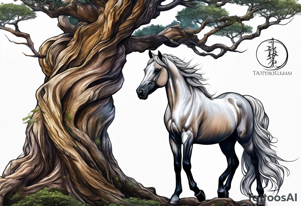 Realistic Horse and Yggdrasil tree tattoo idea