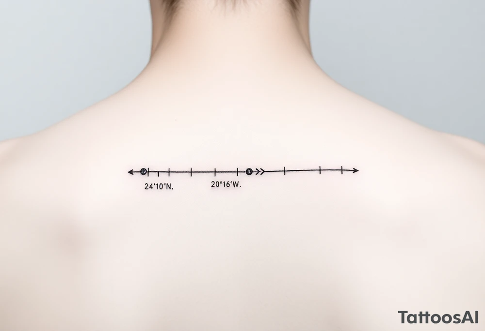 A minimal fine-line tattoo showing a straight, thin horizontal timeline with two small evenly spaced dots. Below the first dot, write the coordinates: "24°10′N, 20°16′E". Below the second dot, write: "53.4084°N, 2.9916°W". Above each coordinate, place a small circle or marker dot to signify key points. Beneath the entire timeline, add a single row of visual Morse code symbols using only dots (●) and dashes (—), arranged like this: — ● — ●   ● —   ● — ●   — — —   ● — ● ●   ● ●   — ● ●   ● — tattoo idea